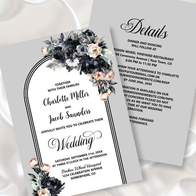 All in one Black Floral Grey Arch Wedding Einladung (Von Creator hochgeladen)