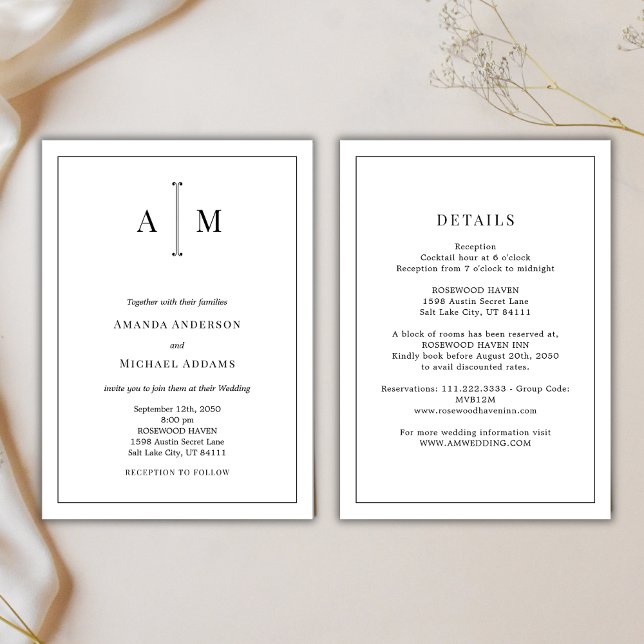 All-In-One Black White Monogram Minimal Wedding Einladung (Von Creator hochgeladen)