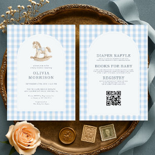 All-in-One Blau kariert Schaukelpferd Baby Shower Einladung