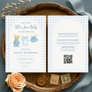 All in One Blue Jean Baby Teddy Bär Baby Shower Ei Einladung