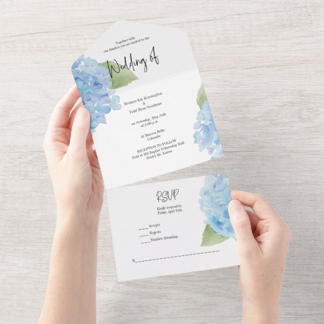 All in One Blue Watercolor Hydrangea Einladung (Abreißen)