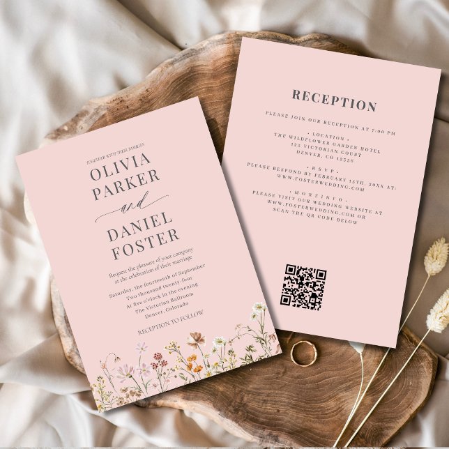 All in one Blush Pink QR Wildblume Hochzeit Einladung (Von Creator hochgeladen)
