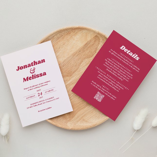 All in one Bold Retro Viva Magenta QR Code Wedding Einladung (Von Creator hochgeladen)