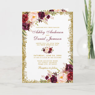 All in one Burgund Floral Glitzer Hochzeit einlade Karte