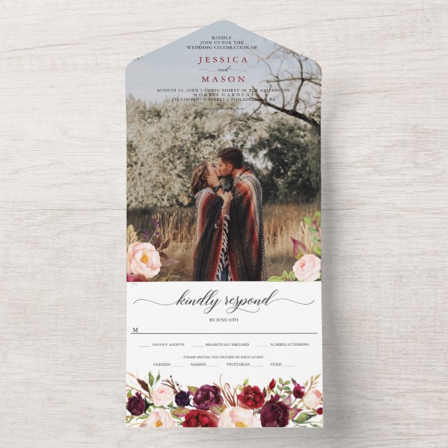 All in One Burgund Marsala Rustic Wedding Einladun All In One Einladung (Innen Boden)