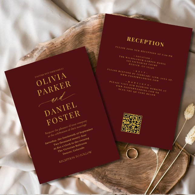 All in one Burgundy Gold QR Code Wedding Einladung (Von Creator hochgeladen)