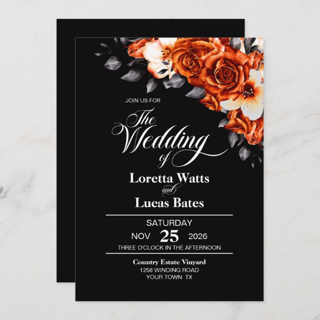 All in one Burnt Orange Rose Blumenschwarz Hochzei Einladung (Vorne/Hinten)