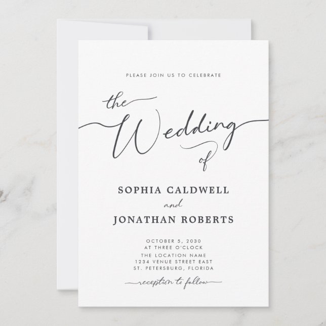 All in one Charcoal gray Calligrafy Wedding Einladung (Vorderseite)