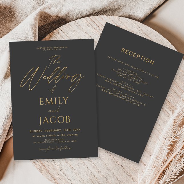 All in one Charcoal Gray Gold Wedding Script Einladung (Von Creator hochgeladen)