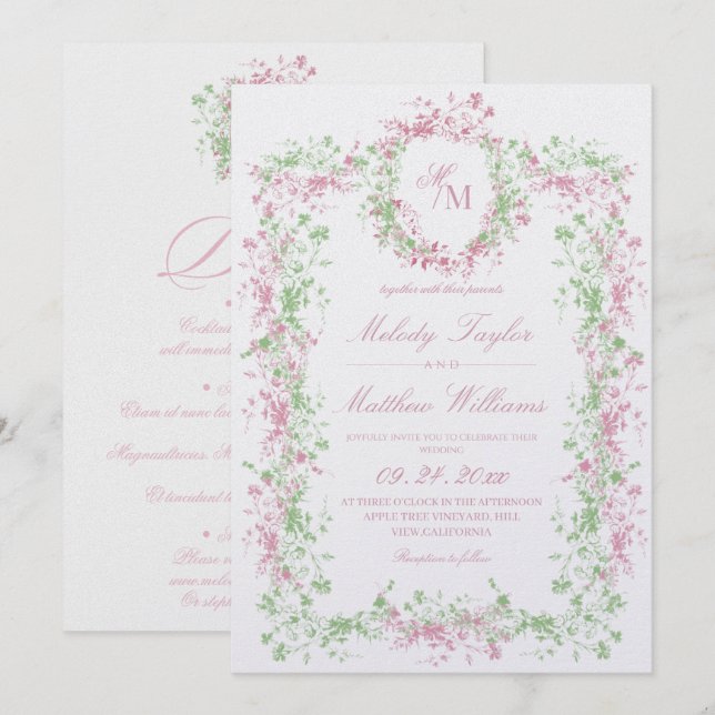 All in One Delicate Blush and Sage Ornate Wedding Einladung (Vorne/Hinten)