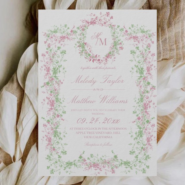 All in One Delicate French Flora Crest Wedding Einladung (Von Creator hochgeladen)