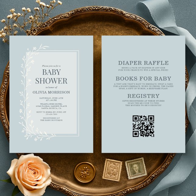 All in One Dusty Blue Botanical Floral Baby Shower Einladung (Von Creator hochgeladen)