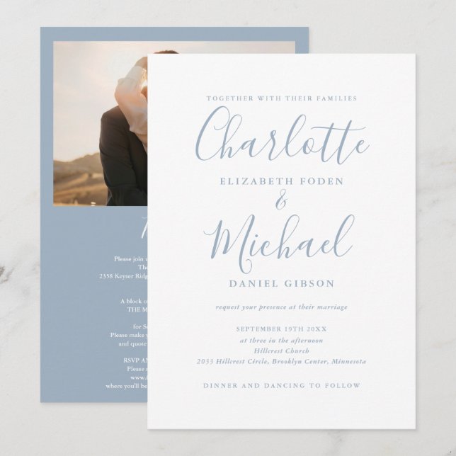 All in one Dusty Blue Chic Script Foto Hochzeit Einladung (Vorne/Hinten)