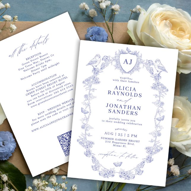All in one dusty blue French floral wedding Einladung (Von Creator hochgeladen)