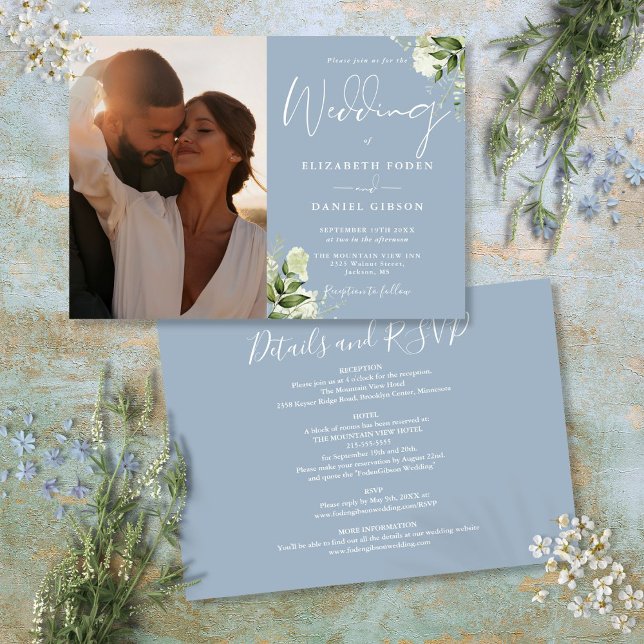 All in one dusty Blue Greenerity Foto Wedding Einladung (All In One Dusty Blue Greenery Photo Wedding Invitation)
