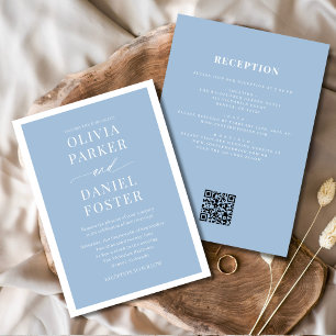 All in one Dusty Blue QR Code Minimalistische Hoch Einladung