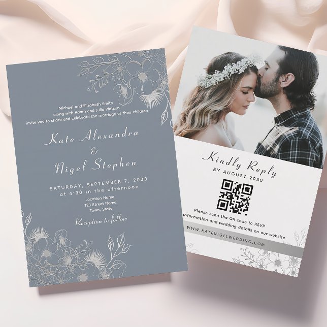 All in one Dusty Blue Wedding QR Code Einladung (Von Creator hochgeladen)