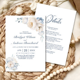 All in one dusty Blue White Floral Wedding Einladung