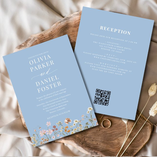 All in One Dusty Blue Wildblume QR Code Wedding Einladung (Von Creator hochgeladen)