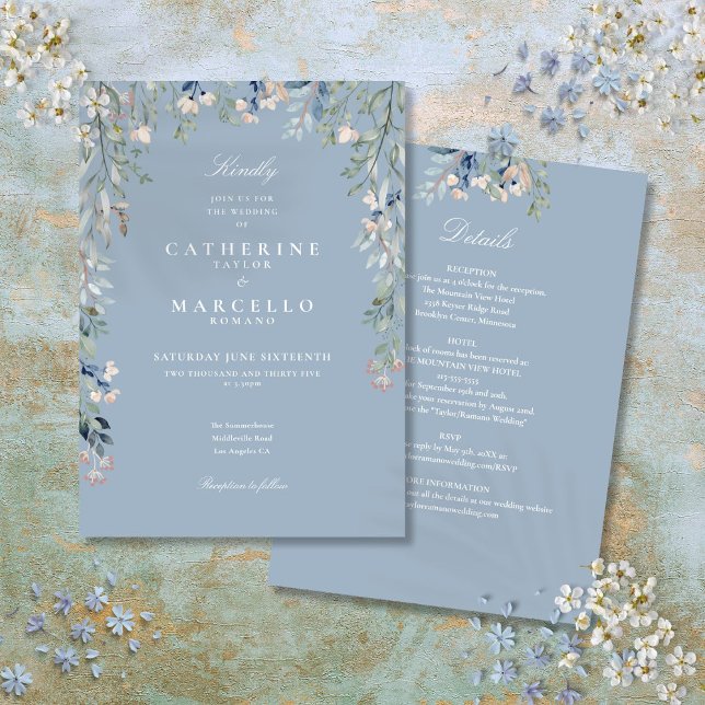 All in one dusty Blue Wildblumen Blumenhochzeit Einladung (All In One Dusty Blue Wildflowers Floral Wedding Invitation)