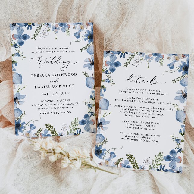 All-in-one Dusty Blue Wildblumen Hochzeit Einladung (Von Creator hochgeladen)