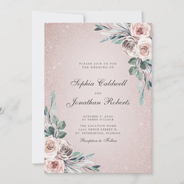 All in One Dusty Pink Roses Boho Glitzer Wedding Einladung (Vorderseite)