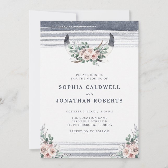 All in one Dusty Pink Roses Bull Horns Wedding Einladung (Vorderseite)