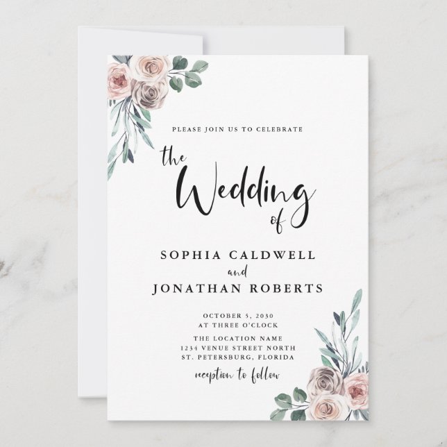 All in one Dusty Pink Roses Kalligrafy Wedding Einladung (Vorderseite)