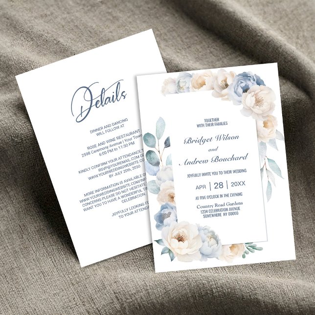 All in one elegante Blue White Floral Wedding Einladung (Von Creator hochgeladen)