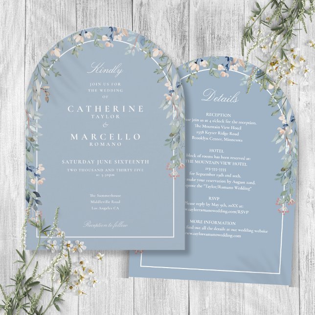 All in one elegante dusty Blue Floral Arch Wedding Einladung (All In One Elegant Dusty Blue Floral Arch Wedding Invitation)