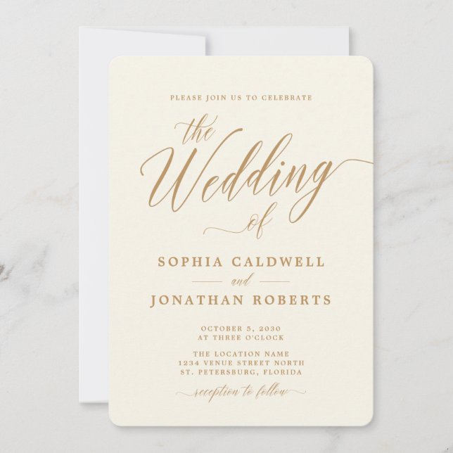 All in one elegante Gold Calligrafy Cream Wedding Einladung (Vorderseite)