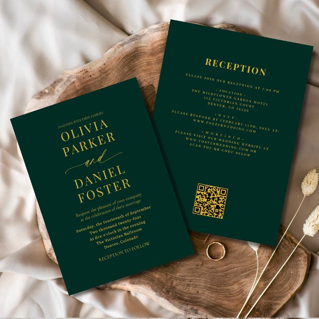 All in one Emerald Green Gold QR Code Wedding Einladung (Von Creator hochgeladen)