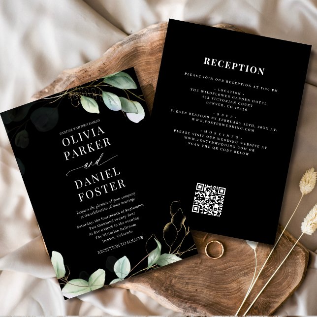 All in one Eukalyptus Black QR Code Wedding Einladung (Von Creator hochgeladen)