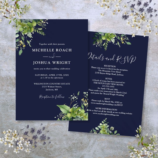 All in one Eukalyptus Greenery Navy Blue Wedding Einladung (All In One Eucalyptus Greenery Navy Blue Wedding Invitation)