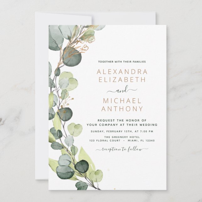 All in one Eukalyptus QR Code Wedding Greenery Einladung (Vorderseite)