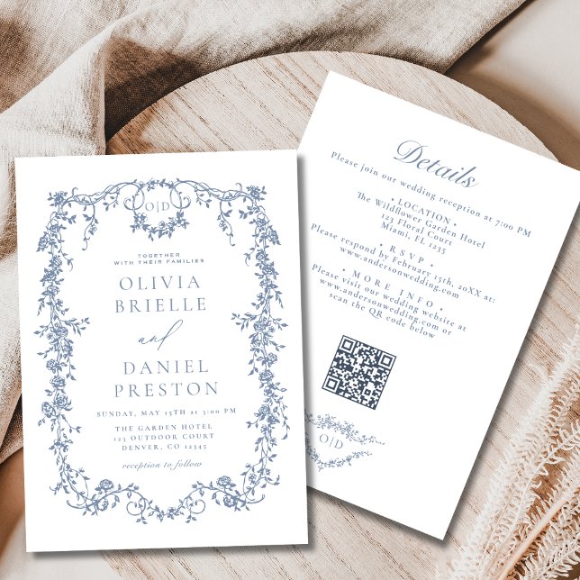 All in one French Dusty Blue QR Code Wedding Einladung (Von Creator hochgeladen)