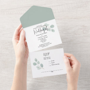 All-in-One-Hochzeitseinladung Minimal Grün Eukalyp All In One Einladung