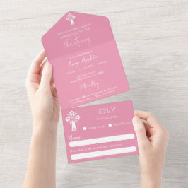 All In One Invitation Floral Cross Baptism Pink All In One Einladung