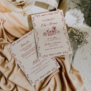 All in one maroon Hand gezeichnete Hochzeit Einlad Einladung