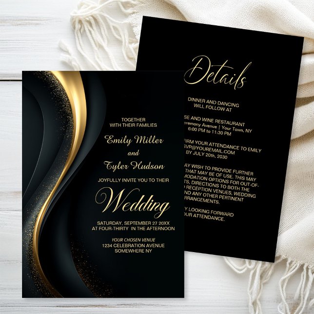 All in One Modern Black and Gold Wedding Einladung (Von Creator hochgeladen)