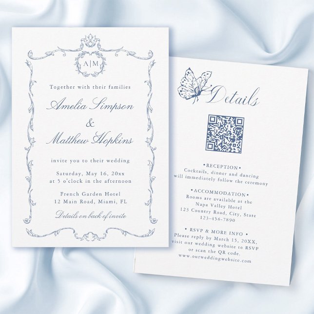 All in One Modern Classic French Wedding Blue Einladung (Front & Back)