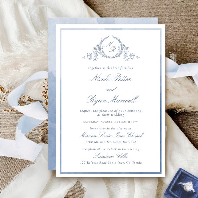 All-in-One Monogram Dusty Blue Watercolor Wedding Einladung (Von Creator hochgeladen)