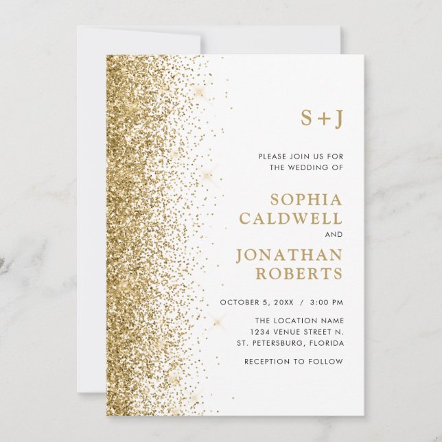 All in One Monogram Funkelnd Gold Glitzer Wedding Einladung (Vorderseite)