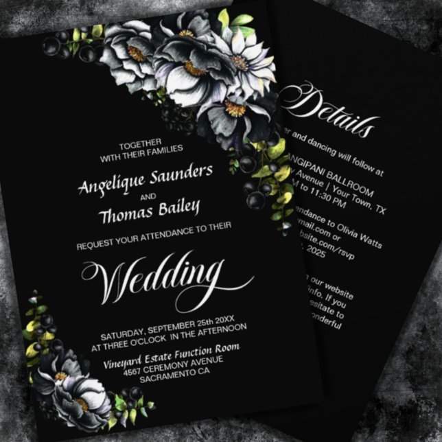 All In One Moody Black Floral Wedding Einladung (Von Creator hochgeladen)