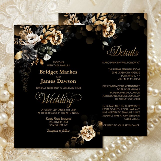 All in one Moody Gold Floral Black Wedding Einladung (Von Creator hochgeladen)