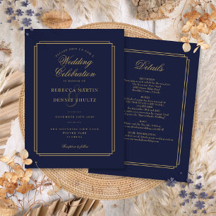 All in one Navy Blue and Gold Art Déco Hochzeit Einladung