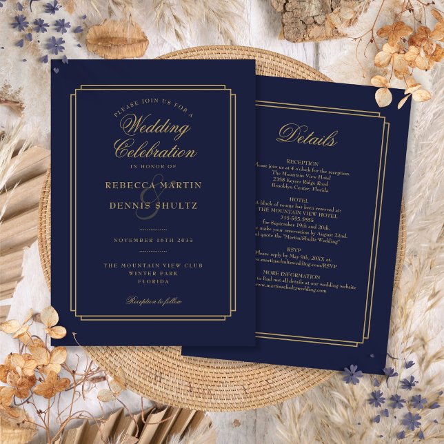 All in one Navy Blue and Gold Art Déco Hochzeit Einladung (All In One Navy Blue and Gold Art Deco Wedding Invitation)