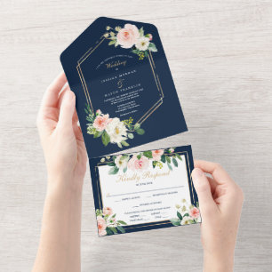 All in One Navy Blue Gold Blush Wedding Einladung