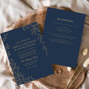 All in one Navy Blue Gold Minimal Leaf Hochzeit Einladung