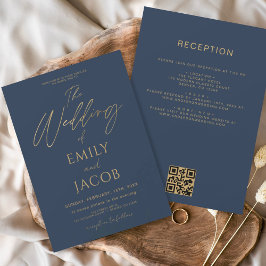 All in One Navy Blue Gold Wedding QR Code Script Einladung
